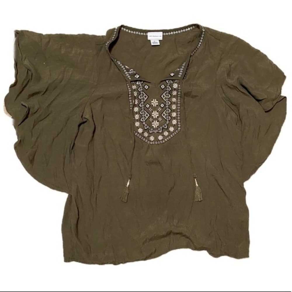 Olive Green BoHo gauze tassel top in XL